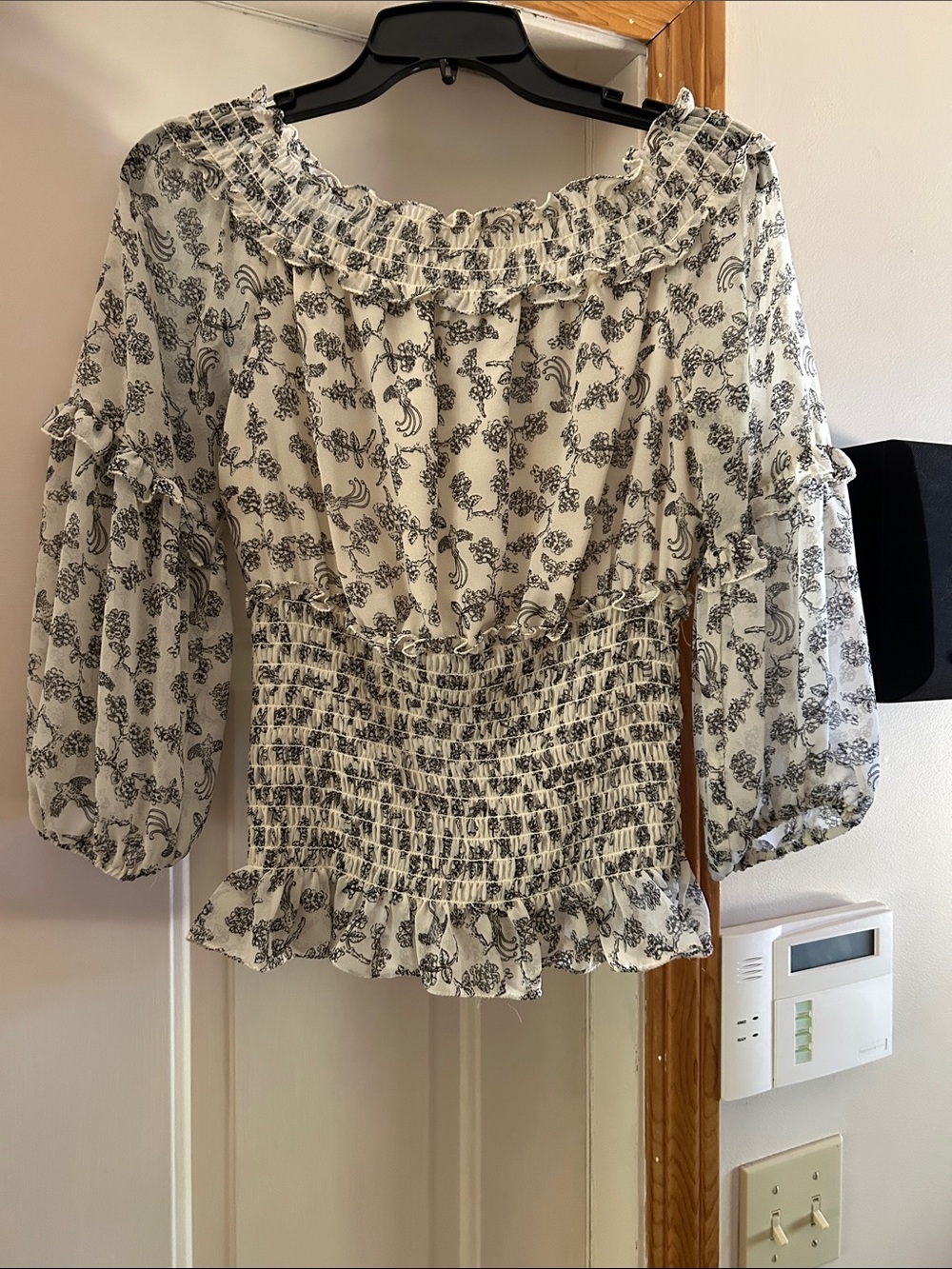 Max Studio White and Black Floral Smocked Waist Blouse